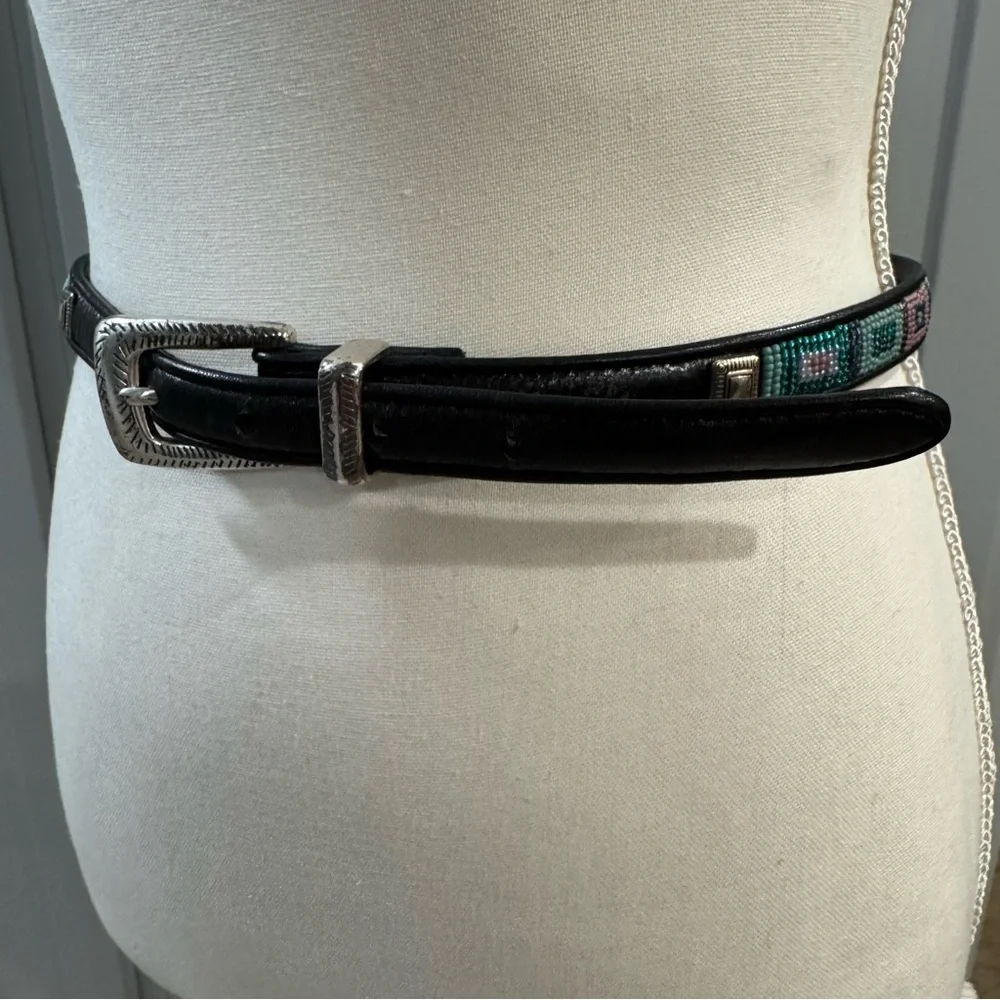 Brighton Black Leather Belt Silver Buckle Aztec Bead Square Design Pink Teal Med